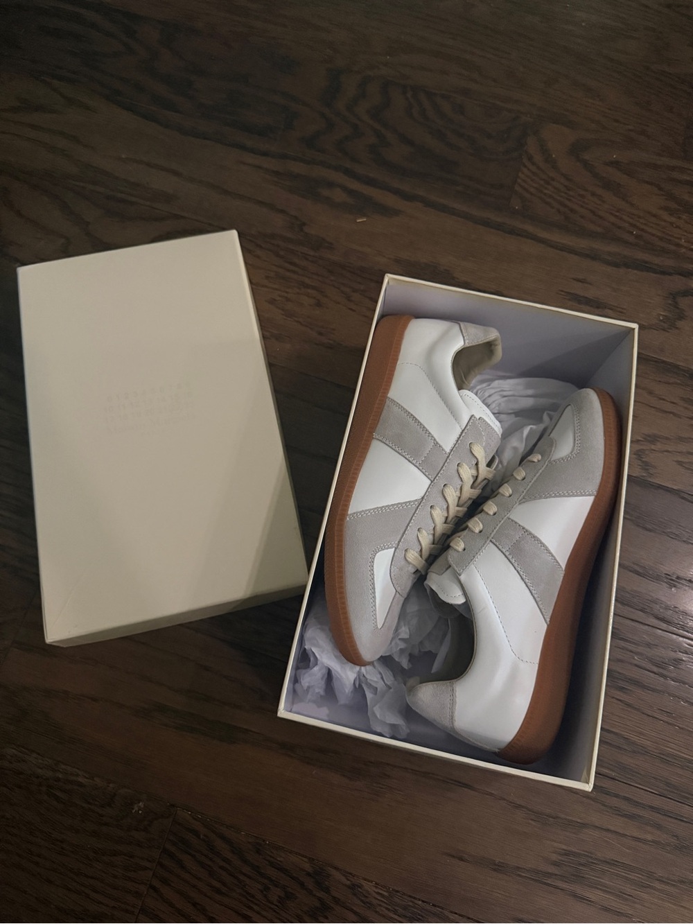 Maison Martin Margiela White and Light Gray Leather Sneakers with Gum Sole